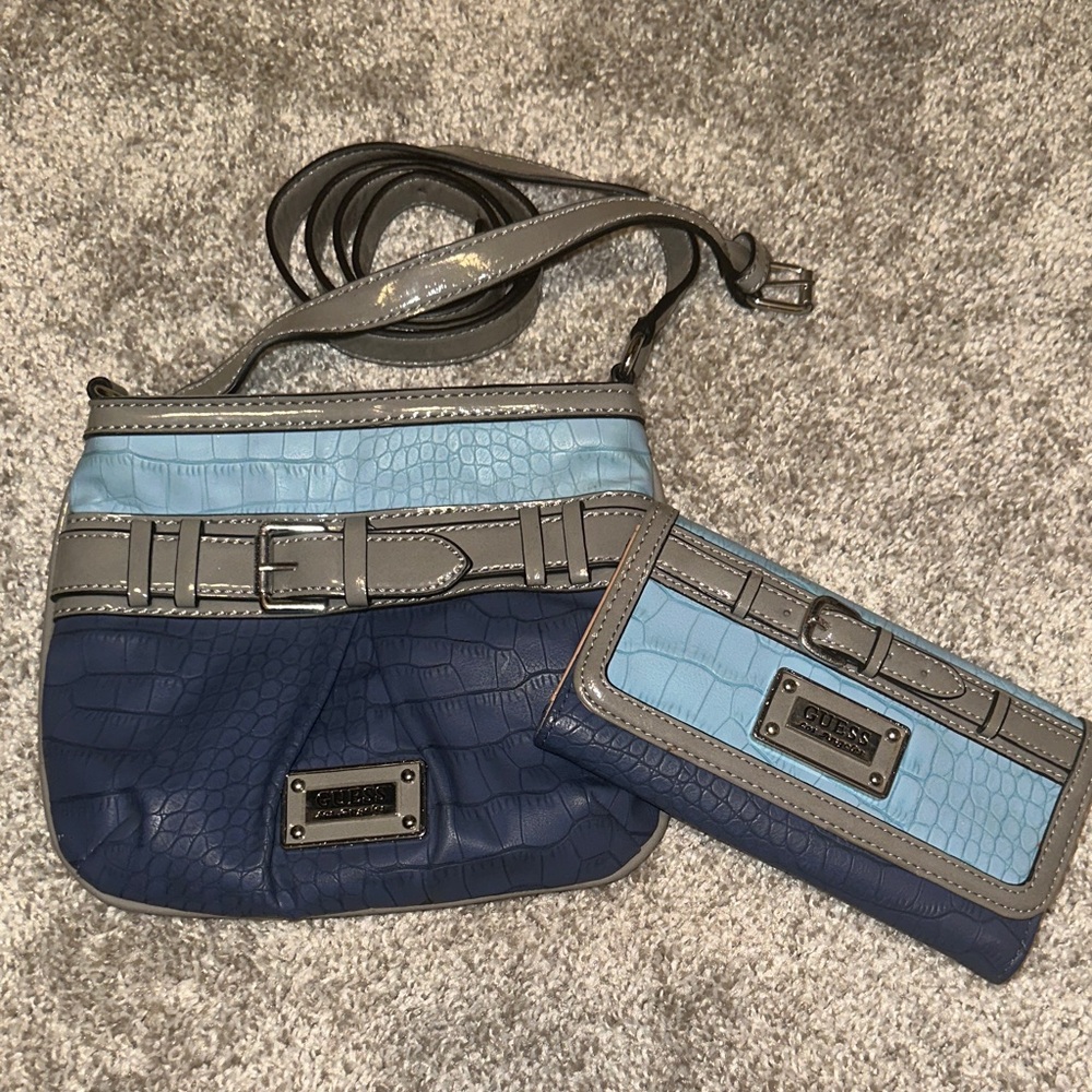 Guess Blue and Gray Croc-Texture Crossbody Bag with Matching Wallet